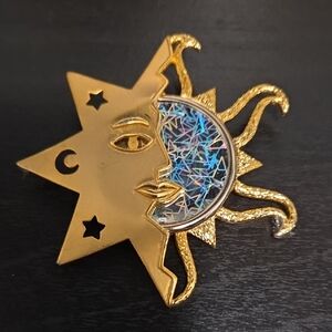 Vintage JJ Gold Sun & Moon Star Holographic Accent BROOCH